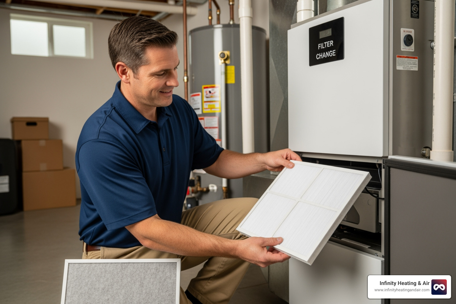 Homeowner easily changing the filter on their new furnace - 24 hour heating installation tacoma Homeowner easily changing the filter on their new furnace - 24 hour heating installation tacoma