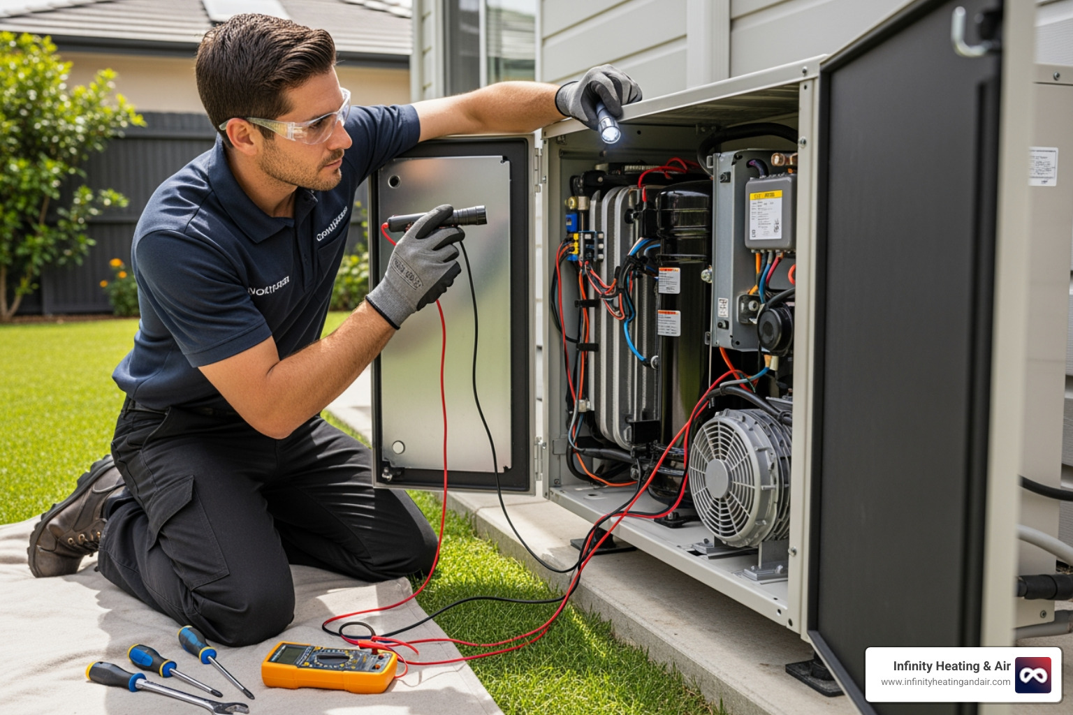 HVAC technician inspecting the internal components of a heat pump - emergency heat pump not heating help tacoma HVAC technician inspecting the internal components of a heat pump - emergency heat pump not heating help tacoma