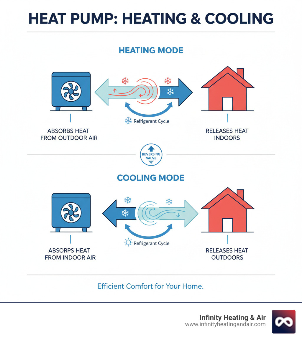 Infographic explaining how a heat pump transfers heat for both heating and cooling - emergency heat pump not heating help tacoma infographic Infographic explaining how a heat pump transfers heat for both heating and cooling - emergency heat pump not heating help tacoma infographic