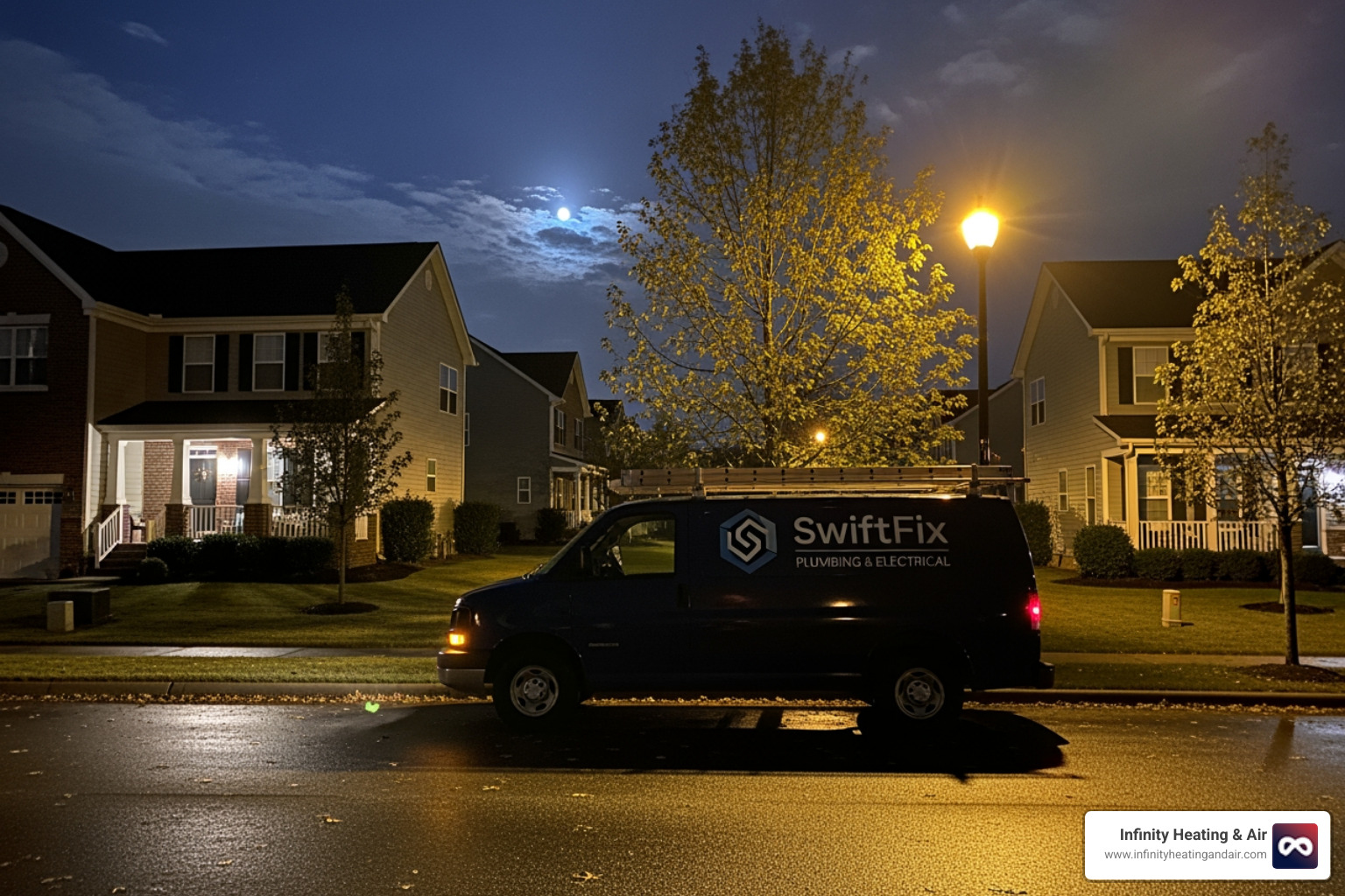 clearly marked service van at night in a residential neighborhood - 24 hour heat pump repair lakewood