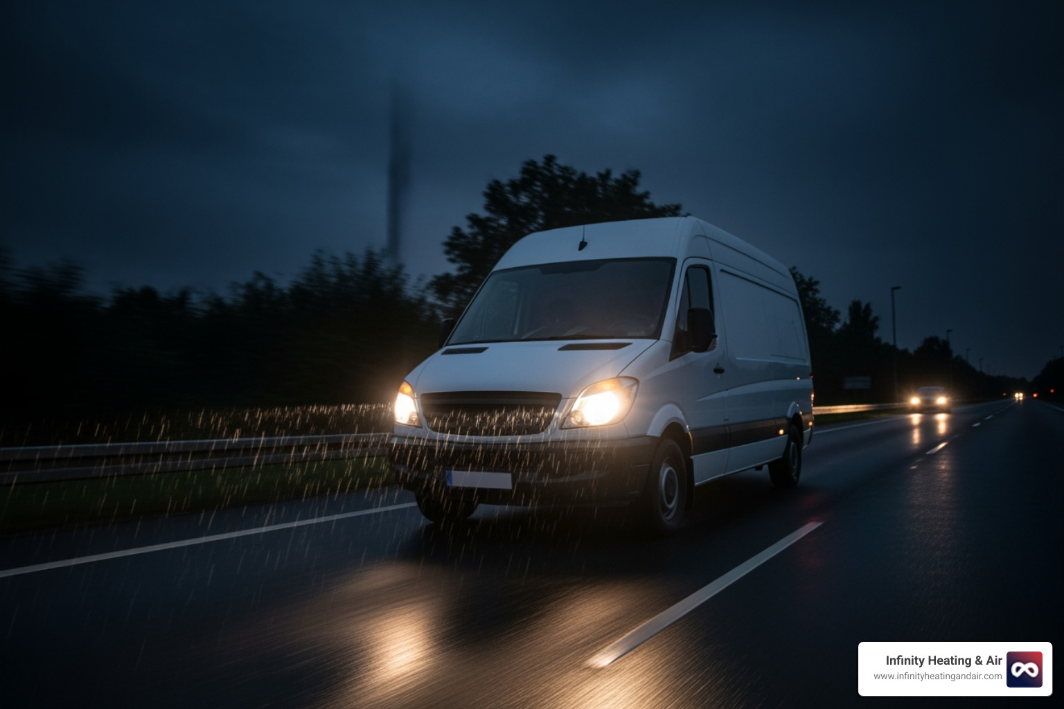 A service van with its lights on, driving on a road at night, symbolizing 24-hour emergency service - 24 hour heat pump repair graham A service van with its lights on, driving on a road at night, symbolizing 24-hour emergency service - 24 hour heat pump repair graham
