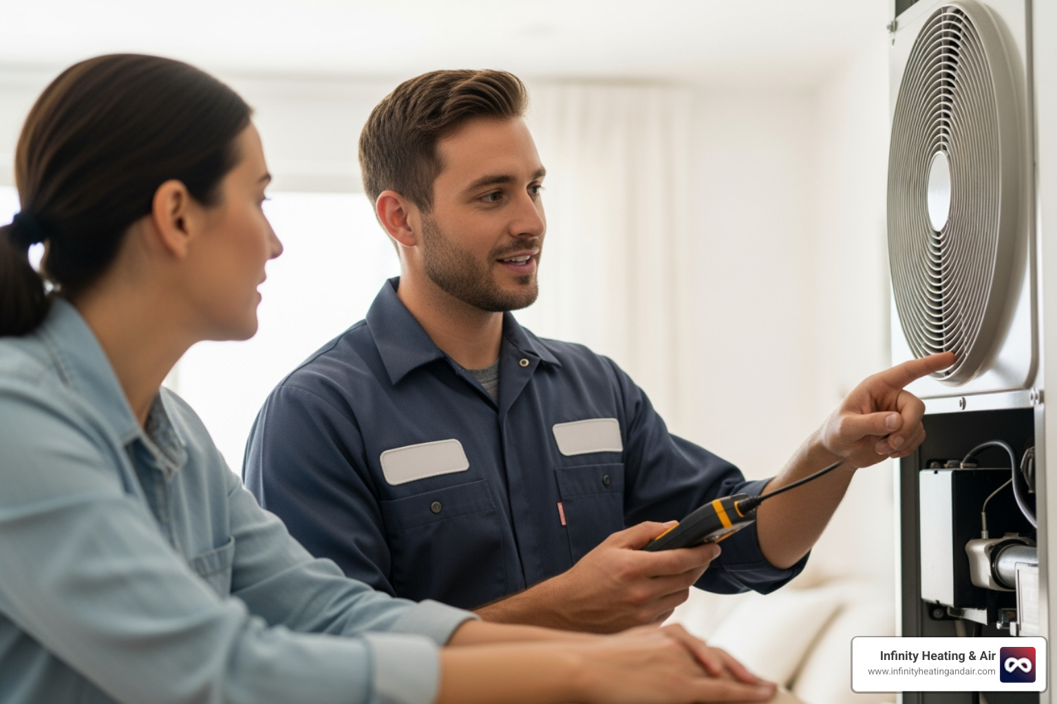 Friendly technician explaining diagnosis to homeowner - heat pump not heating diagnosis puyallup wa