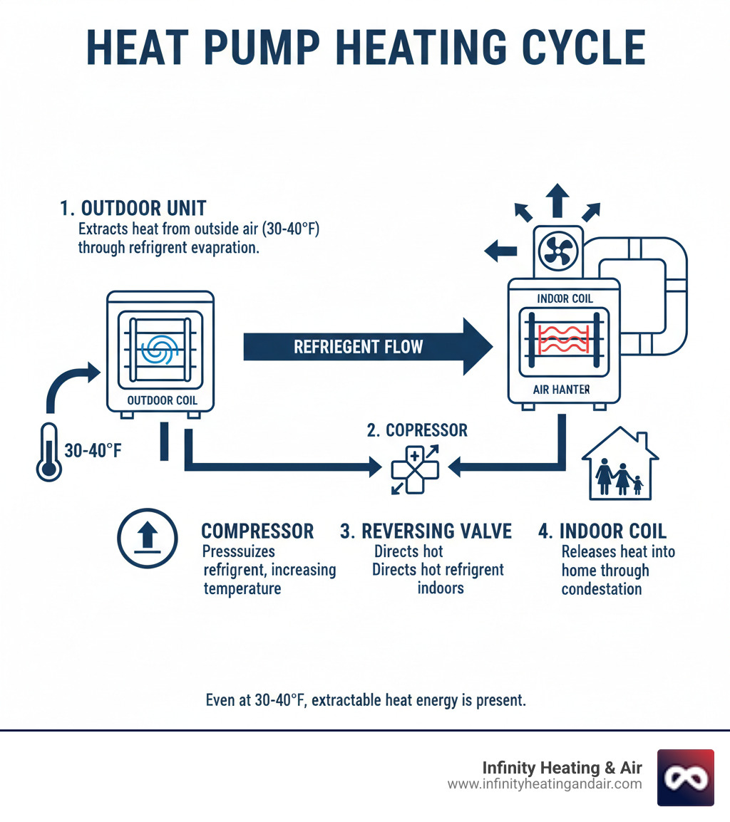 Infographic showing the heat pump heating cycle: outdoor unit extracts heat from outside air through refrigerant evaporation in the outdoor coil, compressor pressurizes refrigerant to increase temperature, reversing valve directs hot refrigerant indoors, indoor coil releases heat into home through condensation, and fan distributes warm air through ducts. Arrows show refrigerant flow direction with outdoor temperatures as low as 30-40°F still containing extractable heat energy. - heat pump not heating diagnosis puyallup wa infographic 