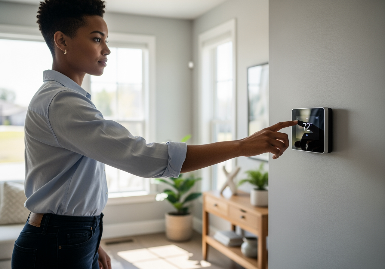 Homeowner checking thermostat - heat pump not heating diagnosis puyallup wa