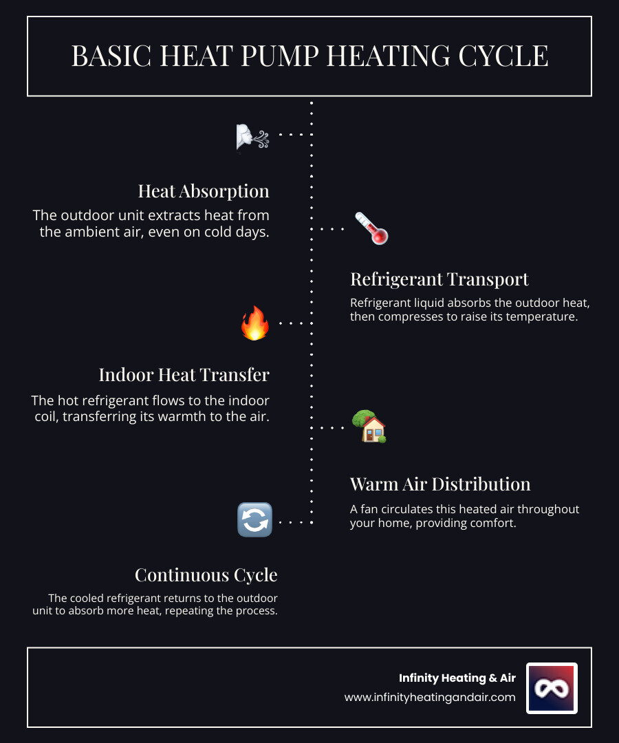 Infographic showing the basic heating cycle of a heat pump: 1. Outdoor unit absorbs heat from outside air (even cold air). 2. Refrigerant carries heat indoors. 3. Indoor coil transfers heat to circulating air. 4. Warm air is distributed throughout the home. This cycle reverses for cooling. - same day heat pump not heating sumner infographic infographic-line-5-steps-dark Infographic showing the basic heating cycle of a heat pump: 1. Outdoor unit absorbs heat from outside air (even cold air). 2. Refrigerant carries heat indoors. 3. Indoor coil transfers heat to circulating air. 4. Warm air is distributed throughout the home. This cycle reverses for cooling. - same day heat pump not heating sumner infographic infographic-line-5-steps-dark