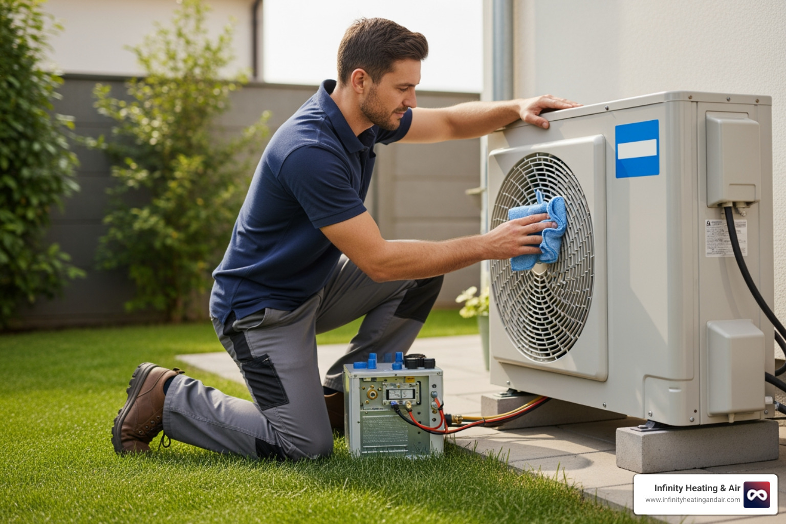 A technician performing maintenance on a heat pump, checking components and cleaning the outdoor unit - same day heat pump not heating sumner A technician performing maintenance on a heat pump, checking components and cleaning the outdoor unit - same day heat pump not heating sumner