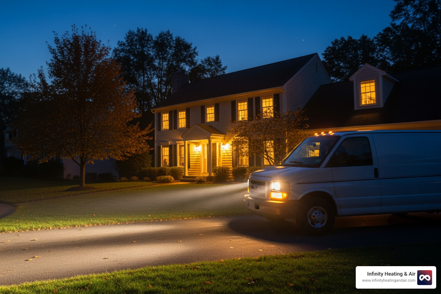 HVAC technician's van arriving at a home at night - 24 hour heat pump not heating lacey wa