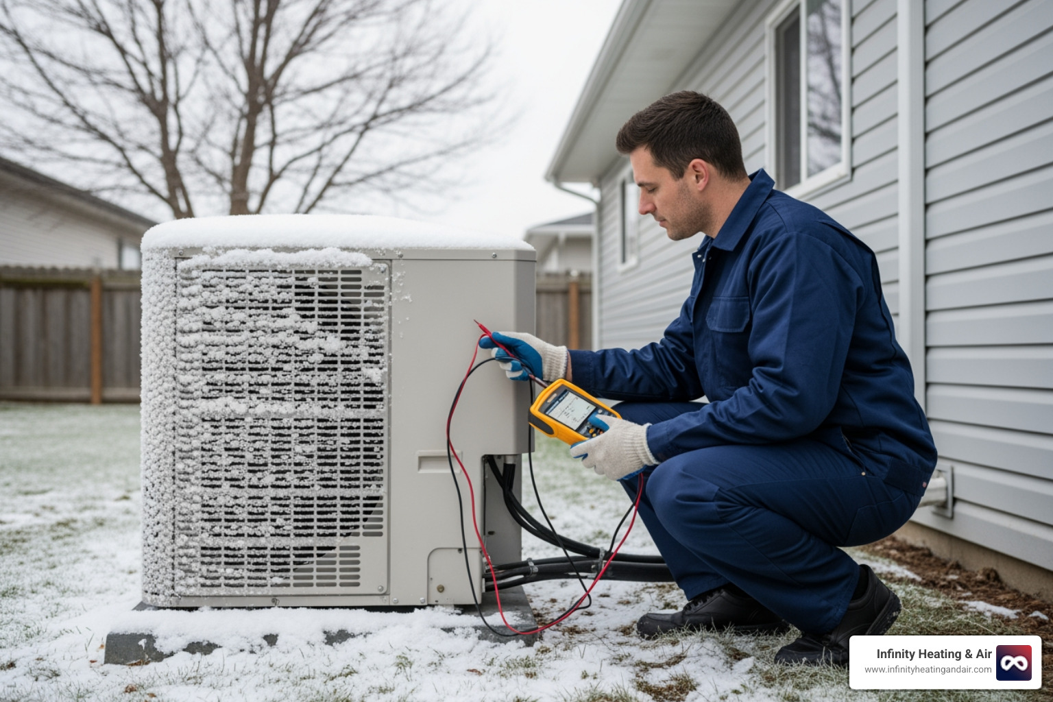 infographic showing common heat pump failure causes including thermostat issues, tripped breakers, clogged filters, blocked outdoor units, defrost cycle problems, low refrigerant, and worn components, with icons for each issue and when to call for emergency service - 24 hour heat pump not heating lacey wa