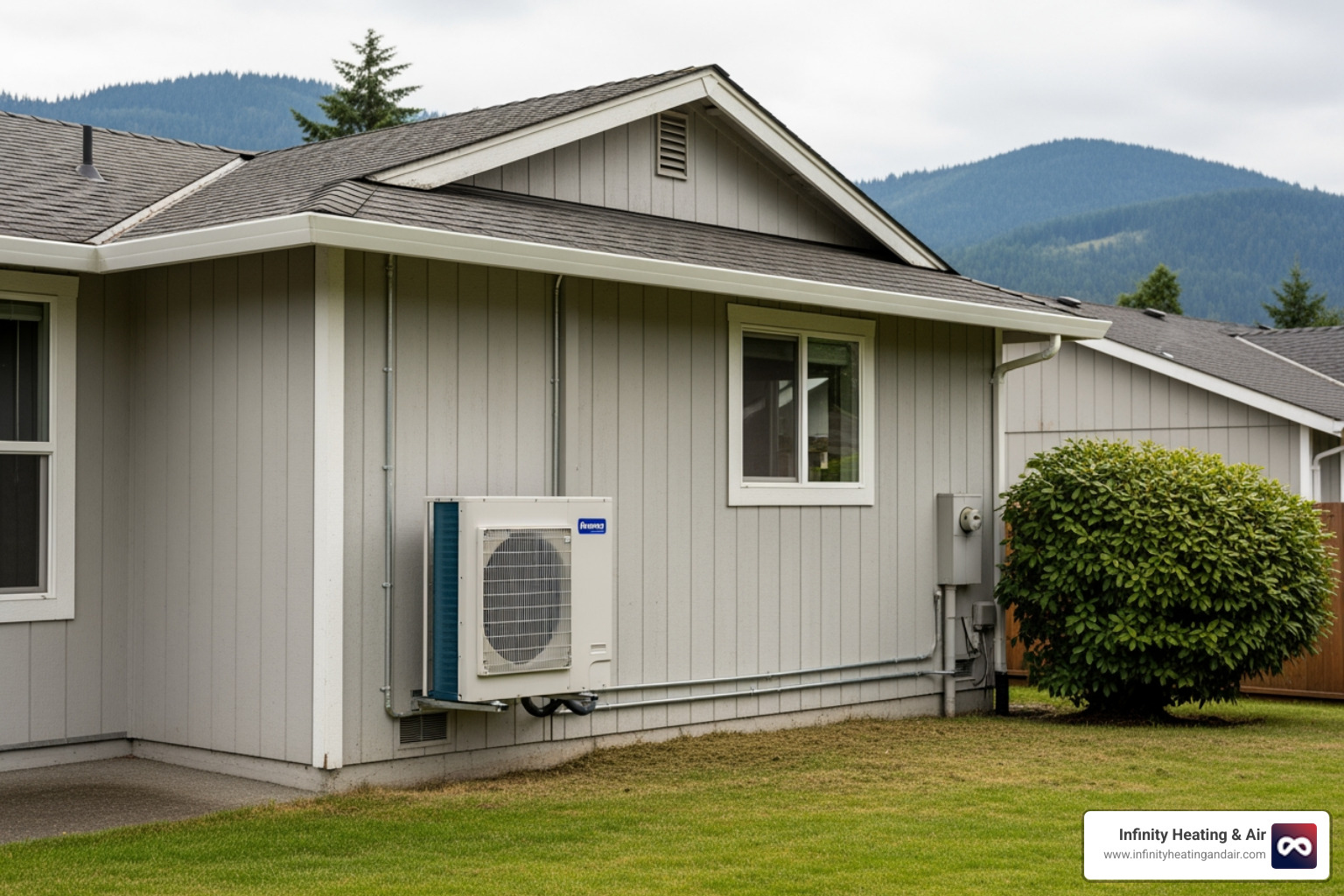 infographic showing heat pump operation in winter and summer modes, with arrows indicating heat transfer direction, energy efficiency ratings, and potential utility bill savings of up to 50 percent - affordable heat pump installation in puyallup, wa