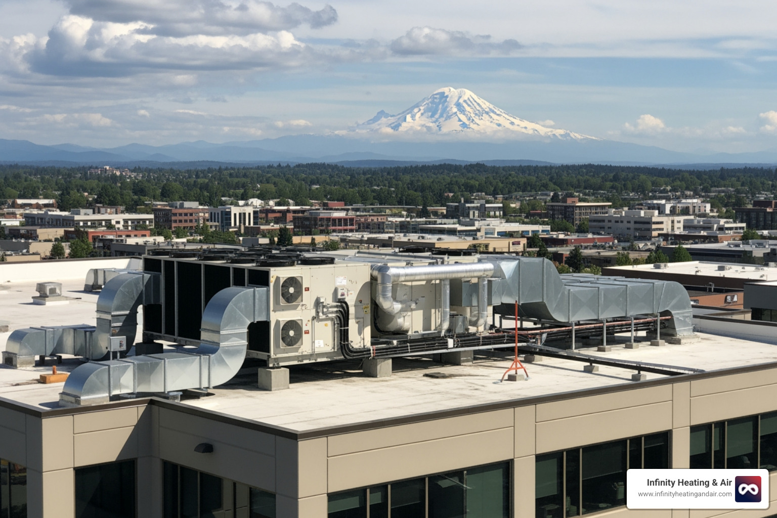 infographic showing how a commercial heat pump transfers heat between indoor and outdoor units, with arrows indicating warm air movement in winter mode pulling heat from outside air into the building, and cool mode in summer pushing heat outside, including labels for key components like the outdoor unit, indoor air handler, refrigerant lines, and reversing valve - commercial heat pump installation in puyallup, wa