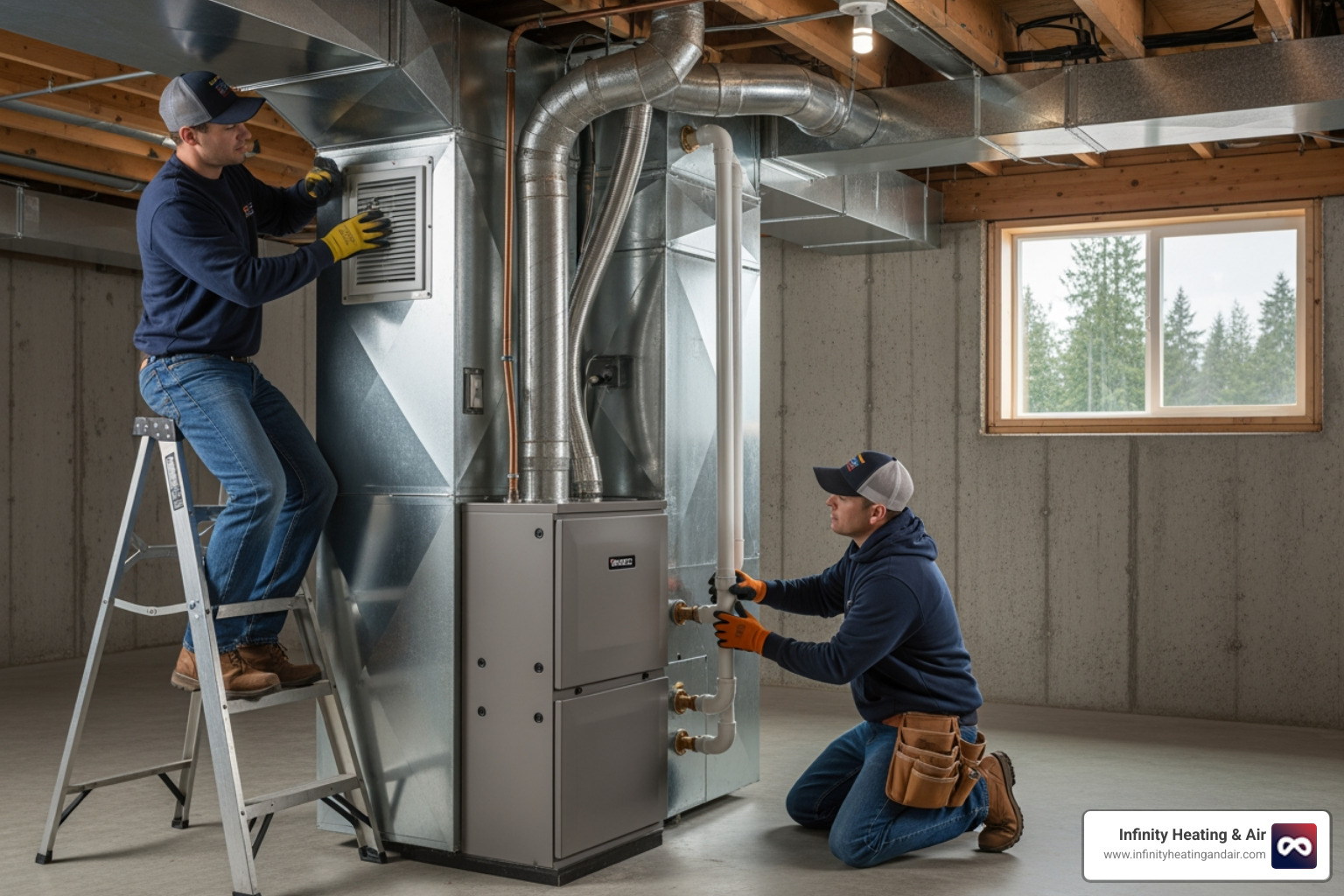 Infographic showing the path to affordable heating replacement: 1) Recognize signs of failure (age 12-20 years, rising bills, frequent repairs), 2) Choose the right system for Tacoma's mild climate (gas furnace or heat pump), 3) Apply for rebates (Tacoma Power up to $2,000, Federal credits up to $2,000), 4) Explore financing options (low monthly payments), 5) Select a qualified local contractor - affordable heating replacement in tacoma, wa