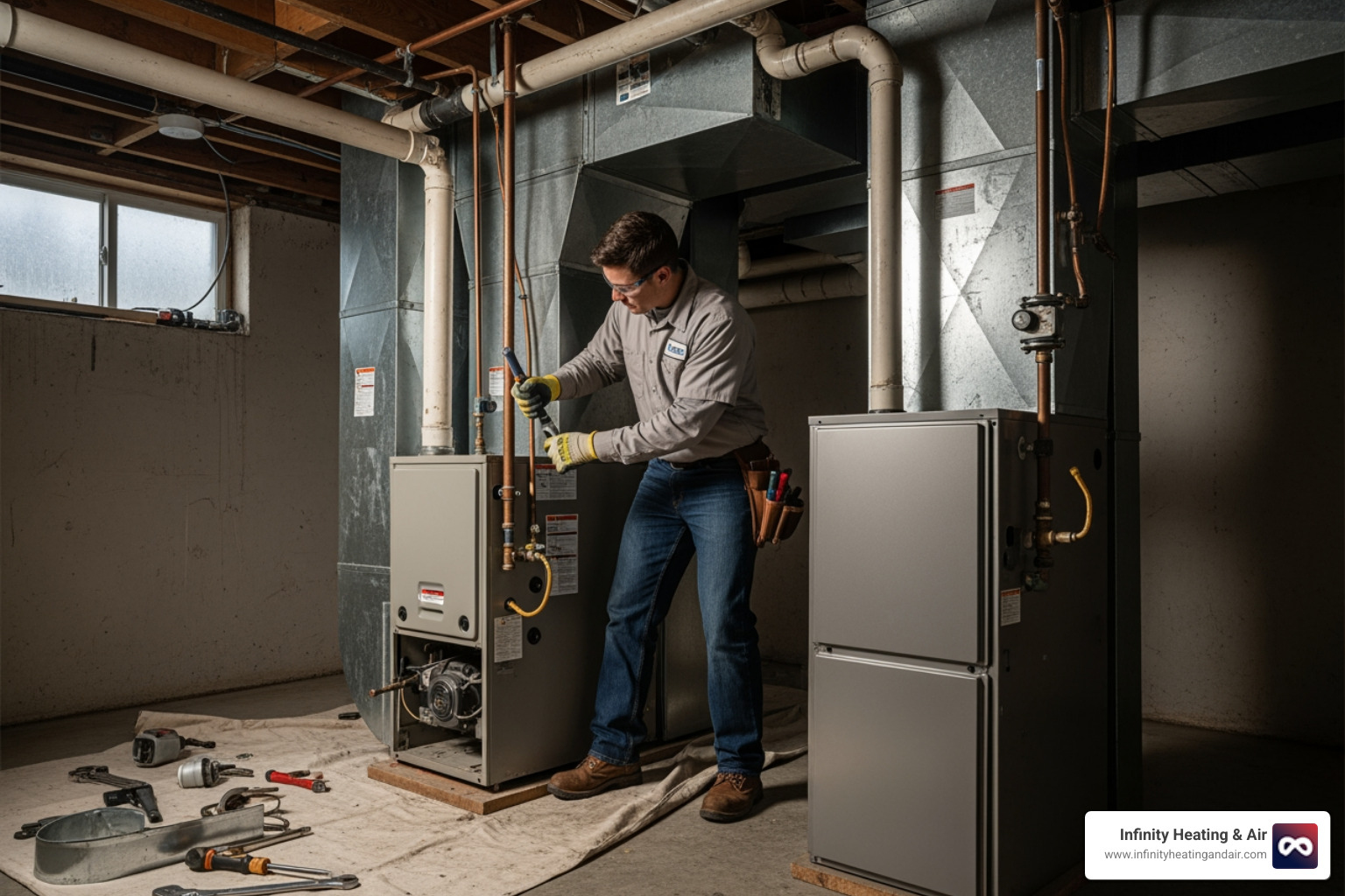 Infographic showing the top 5 warning signs you need heating replacement: 1. System age over 15 years with a calendar icon, 2. Rising energy bills with an upward trending graph, 3. Frequent repair calls with a wrench icon, 4. Uneven heating with thermometer showing hot and cold zones, 5. Strange noises with sound wave icons - heating replacement in tacoma wa