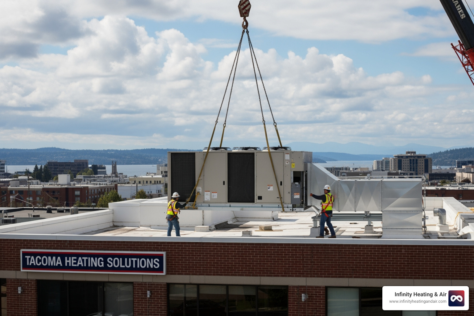 Infographic showing 5 key signs your commercial heating system needs replacement: 1) System is 15-20+ years old, 2) Energy bills increasing year over year, 3) Frequent breakdowns requiring repair calls, 4) Uneven temperatures throughout the building, 5) Strange noises or poor air quality complaints - commercial heating replacement in tacoma, wa