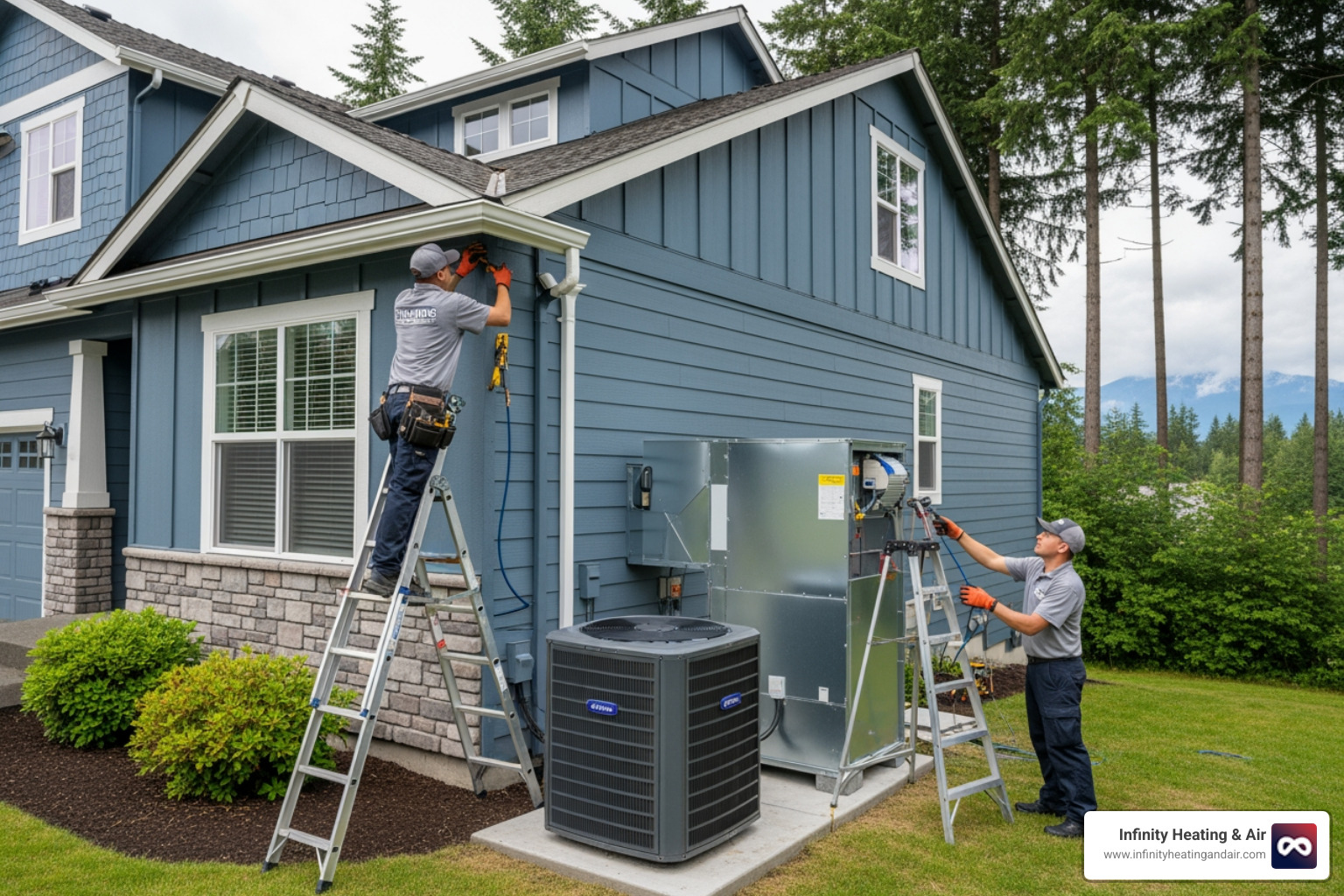 Infographic showing the top 5 warning signs you need heating replacement: 1. System age over 15 years with a calendar icon, 2. Repair costs exceeding half the price of new equipment with a dollar sign, 3. Uneven temperatures between rooms with a thermometer, 4. Increased energy bills with an upward trending graph, 5. Strange noises or burning smells with a warning symbol - best heating replacement in tacoma, wa