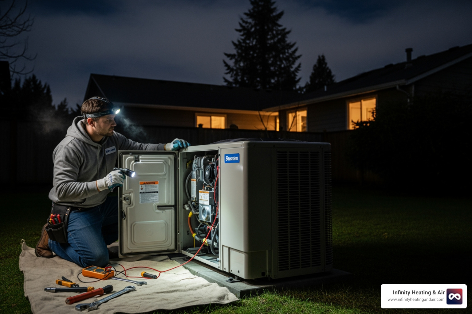 Infographic showing emergency heat pump repair decision tree - starts with basic checks like thermostat and breaker, then branches to either DIY fixes or immediate professional help based on symptoms like gas smell, strange noises, or complete system failure - 24 hour heat pump repair in graham, wa