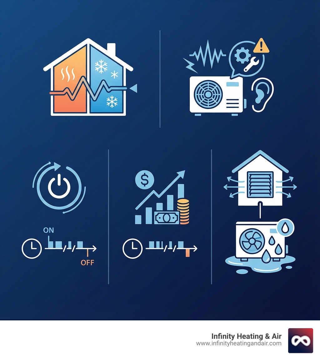 infographic showing 5 common signs your heat pump needs repair: 1. inconsistent room temperatures throughout your home, 2. unusual grinding or screeching noises from the unit, 3. system cycling on and off frequently without completing heating or cooling cycles, 4. unexplained spike in monthly energy bills, 5. reduced airflow from vents or visible moisture around outdoor unit - affordable heat pump repair in graham, wa infographic infographic showing 5 common signs your heat pump needs repair: 1. inconsistent room temperatures throughout your home, 2. unusual grinding or screeching noises from the unit, 3. system cycling on and off frequently without completing heating or cooling cycles, 4. unexplained spike in monthly energy bills, 5. reduced airflow from vents or visible moisture around outdoor unit - affordable heat pump repair in graham, wa infographic