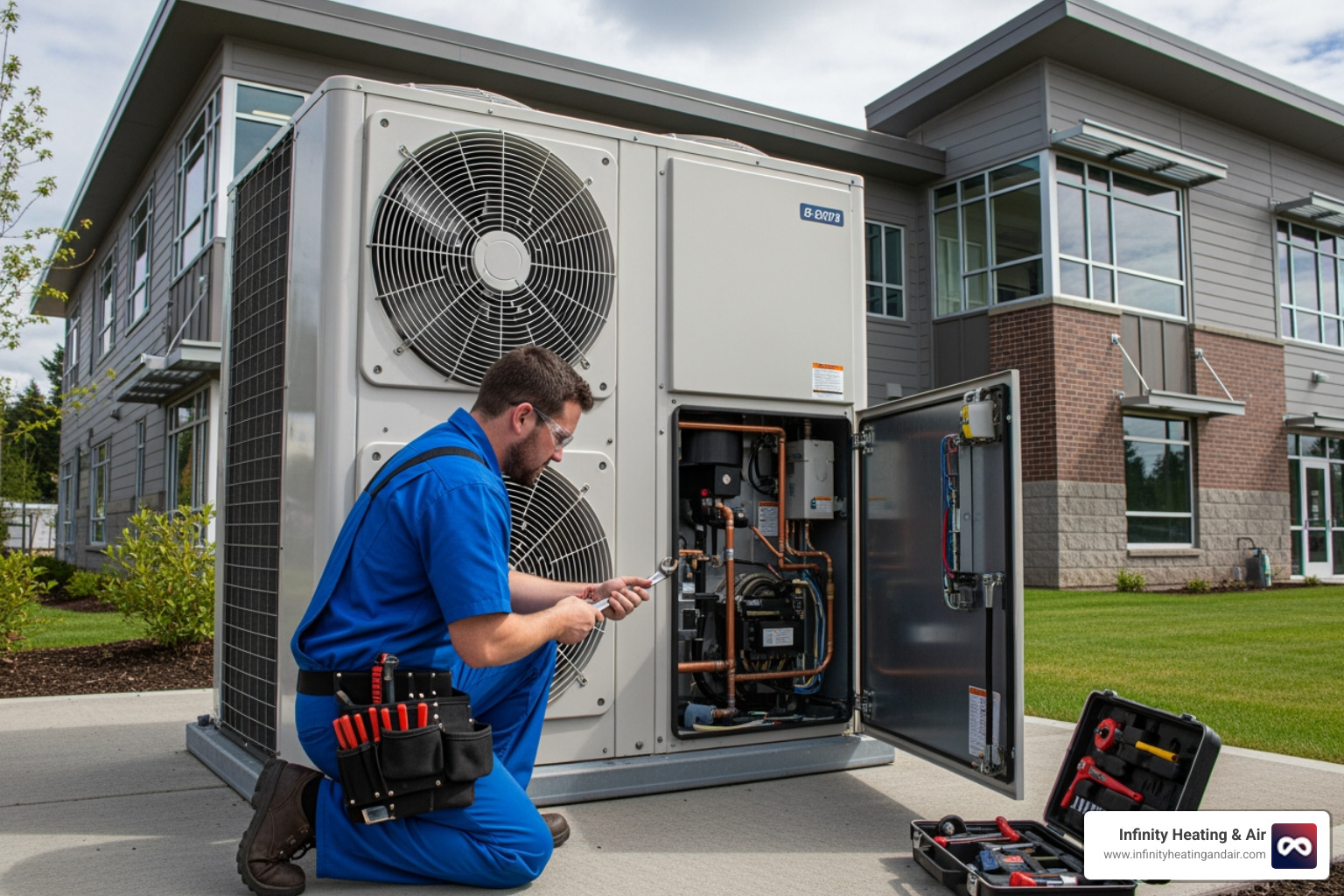Infographic showing a commercial heat pump system with labeled components: outdoor unit extracting or releasing heat, reversing valve switching between heating and cooling modes, indoor air handler distributing conditioned air throughout the building, refrigerant lines connecting components, and arrows indicating heat transfer direction for both summer cooling and winter heating - commercial heat pump repair in graham, wa