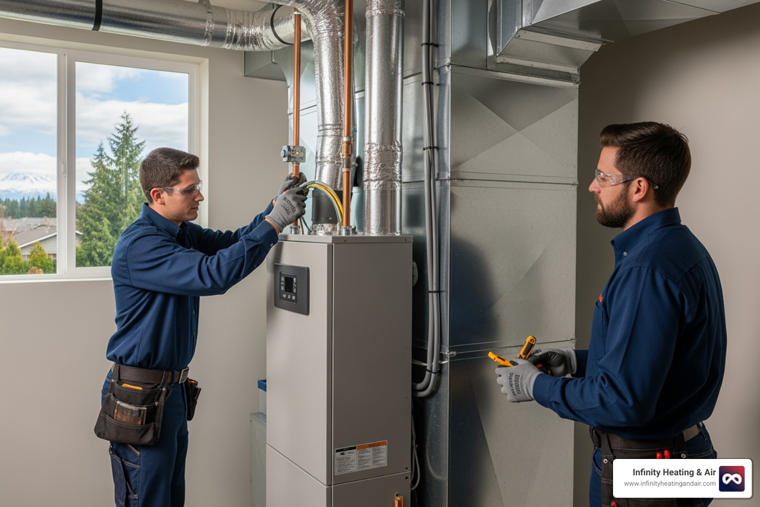 Infographic showing the heating installation decision process: signs your system needs replacement (age over 15 years, rising bills, frequent repairs), types of systems suitable for Puyallup's wet winters (heat pumps, furnaces, ductless mini-splits), installation timeline of 1-2 days, and expected energy savings of up to 30% with proper maintenance - best heating installation in puyallup, wa Infographic showing the heating installation decision process: signs your system needs replacement (age over 15 years, rising bills, frequent repairs), types of systems suitable for Puyallup's wet winters (heat pumps, furnaces, ductless mini-splits), installation timeline of 1-2 days, and expected energy savings of up to 30% with proper maintenance - best heating installation in puyallup, wa