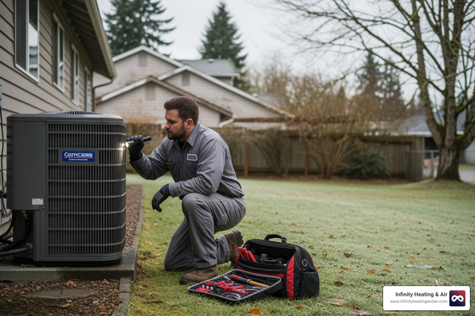 infographic showing heat pump heating cycle with outdoor unit extracting heat from cold air to warm a home - "My heat pump is not heating my house. Who provides same day repair service in Sumner, WA?"