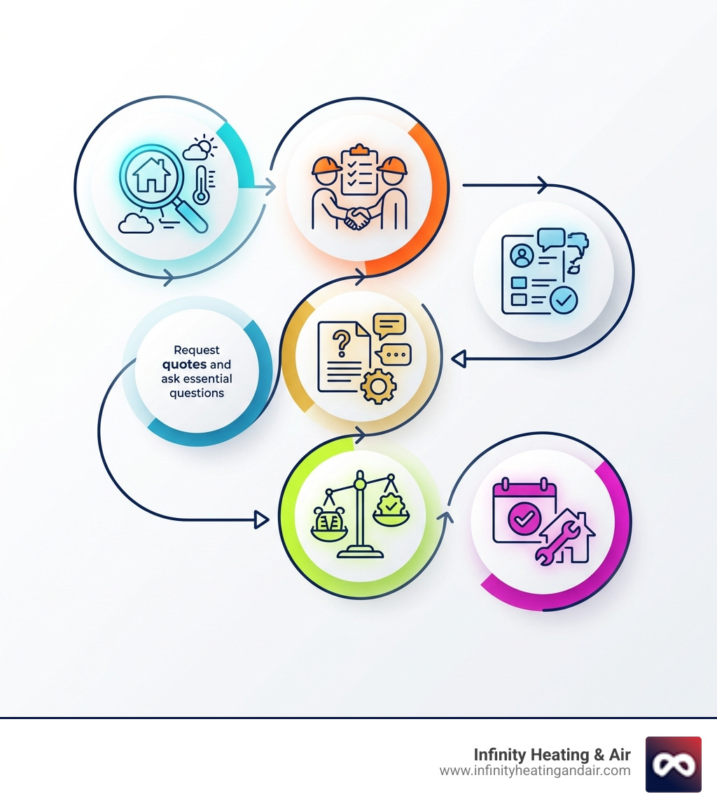 infographic showing 5 key steps to heating system installation: 1. Research your heating system options and climate needs, 2. Find and vet qualified local installers, 3. Request detailed quotes and ask essential questions, 4. Compare quotes on equipment, warranty, and reputation, 5. Schedule installation and establish maintenance plan - "I'm looking for quotes for a new heating system installation in Olympia, WA. Can you list some providers?" infographic 