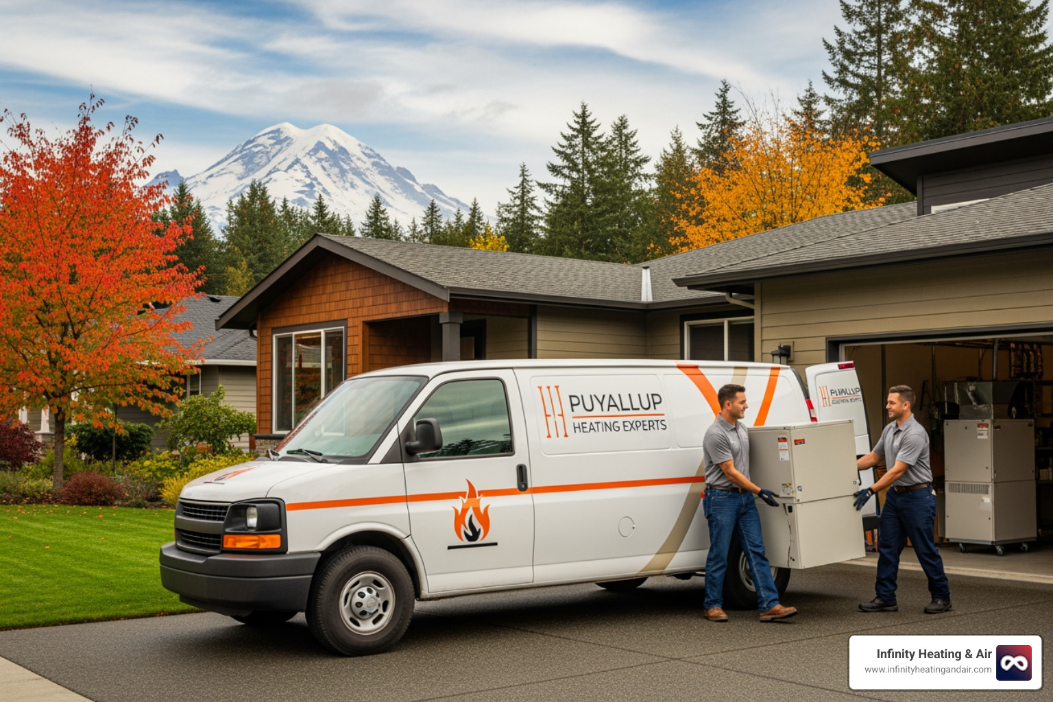 infographic showing the heating system selection process including home evaluation, system types, efficiency ratings, professional installation steps, and maintenance schedule for Puyallup climate - heating installation company in puyallup, wa