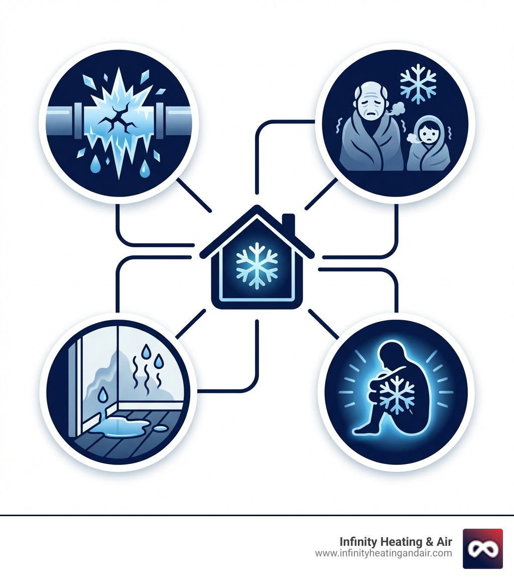 infographic showing risks of no-heat emergencies including frozen pipes bursting, water damage to walls and floors, health risks for children and elderly, and increased risk of hypothermia - "Is it possible to get a 24 hour heating installation in Auburn? Which companies offer this?" infographic 