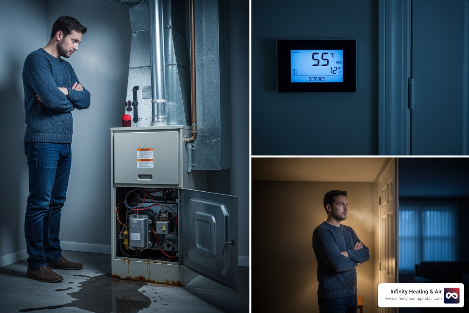 infographic showing the top 5 warning signs your heating system needs immediate repair: strange noises like banging or squealing, sudden increase in energy bills, inconsistent room temperatures, system turning on and off frequently, and cold air coming from vents - best heating repair in graham, wa