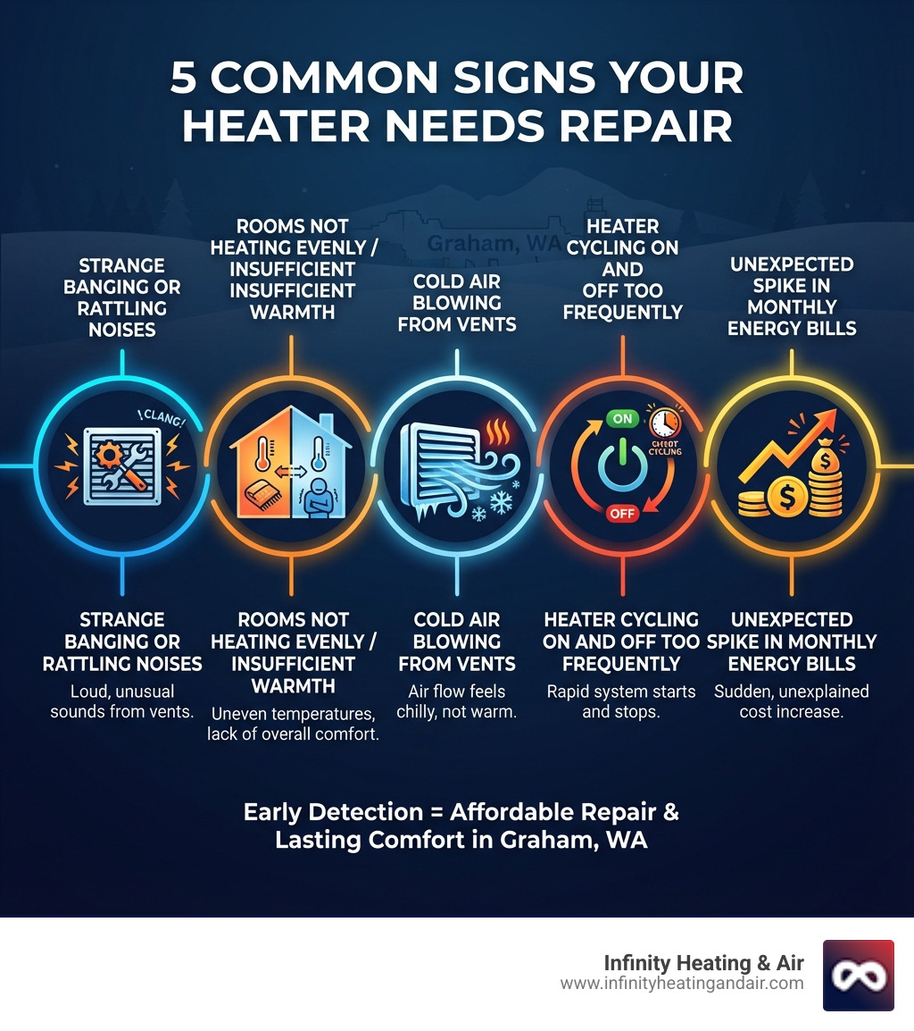 Infographic showing 5 common signs your heater needs repair: 1) Strange banging or rattling noises from vents, 2) Rooms not heating evenly or insufficient warmth, 3) Cold air blowing from vents insteads of warm air, 4) Heater cycling on and off too frequently, 5) Unexpected spike in monthly energy bills - affordable heating repair in graham, wa infographic 