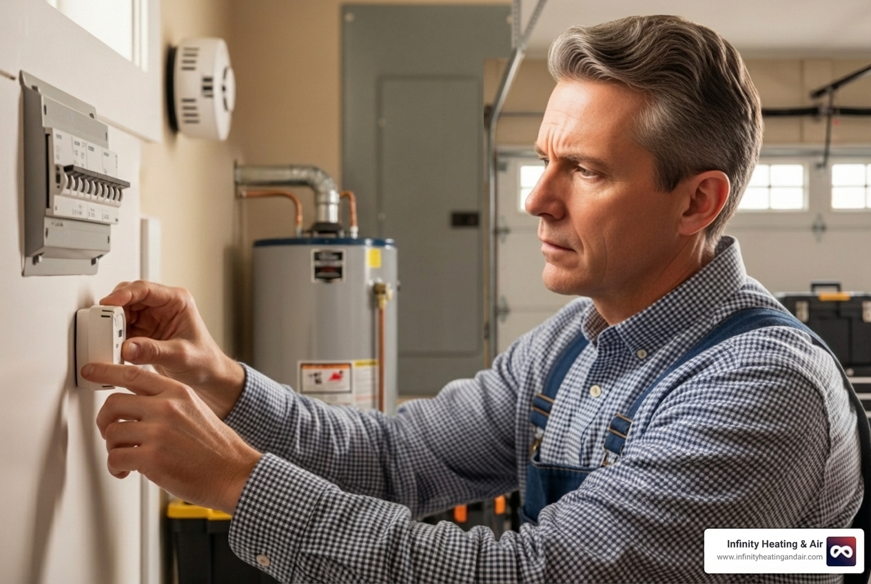 Infographic showing three columns: Safety Check (gas smell icon, evacuate symbol, carbon monoxide detector), Basic Troubleshooting (thermostat with settings, circuit breaker panel, air filter), and Call a Pro (24/7 phone icon, licensed technician badge, local Graham WA map pin) - emergency heating repair in graham, wa