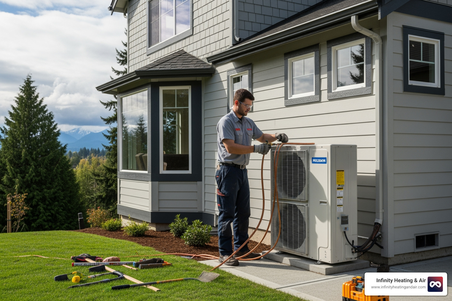 Infographic showing how heat pumps work: In winter, a heat pump extracts warmth from outdoor air and moves it inside your home. In summer, it reverses the process, removing heat from your home and releasing it outside. The system includes an outdoor unit with a compressor and coil, an indoor unit or air handler, and refrigerant lines connecting them. Because it moves heat rather than generating it, a heat pump uses significantly less energy than traditional heating and cooling systems. - best heat pump installation tacoma