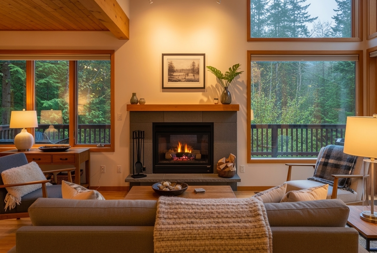 cozy, warm living room in a Pacific Northwest home - heating repair company in graham, wa