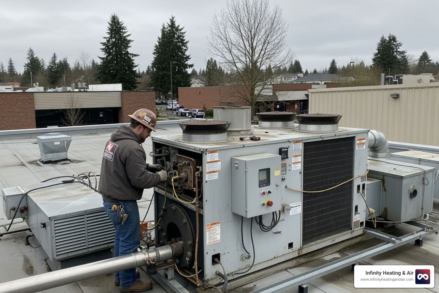 Infographic showing the financial impact of commercial HVAC system downtime on businesses, including lost revenue per hour, decreased employee productivity percentages, customer retention rates, and comparison of emergency repair costs versus preventative maintenance annual costs, with specific data for Graham WA climate conditions and typical commercial heating system failure scenarios - commercial heating repair in graham, wa