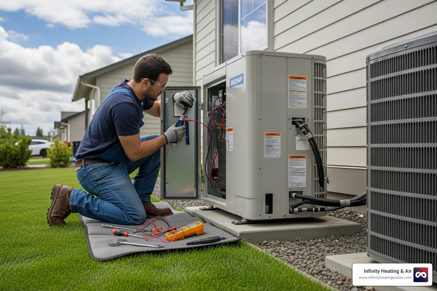 infographic showing how a heat pump transfers heat between indoor and outdoor units in both heating and cooling modes, with arrows indicating refrigerant flow and temperature changes - residential heat pump repair in graham, wa