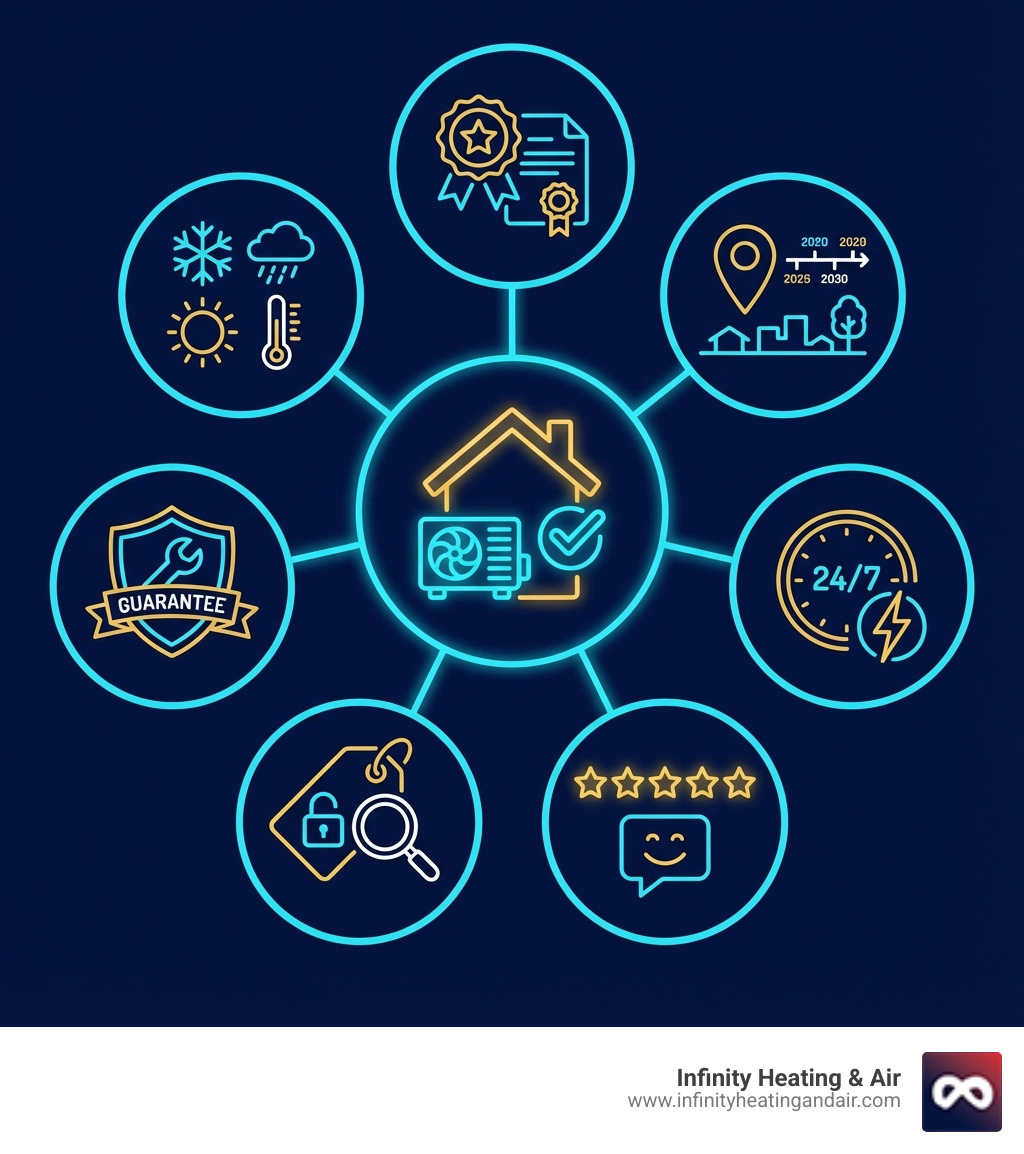 Infographic showing the decision factors when choosing a heat pump repair company: certification and licensing, years of local experience in Graham, emergency service availability, customer reviews and reputation, transparent pricing and estimates, warranty on repairs, and knowledge of local climate challenges - heat pump repair company in graham, wa infographic 