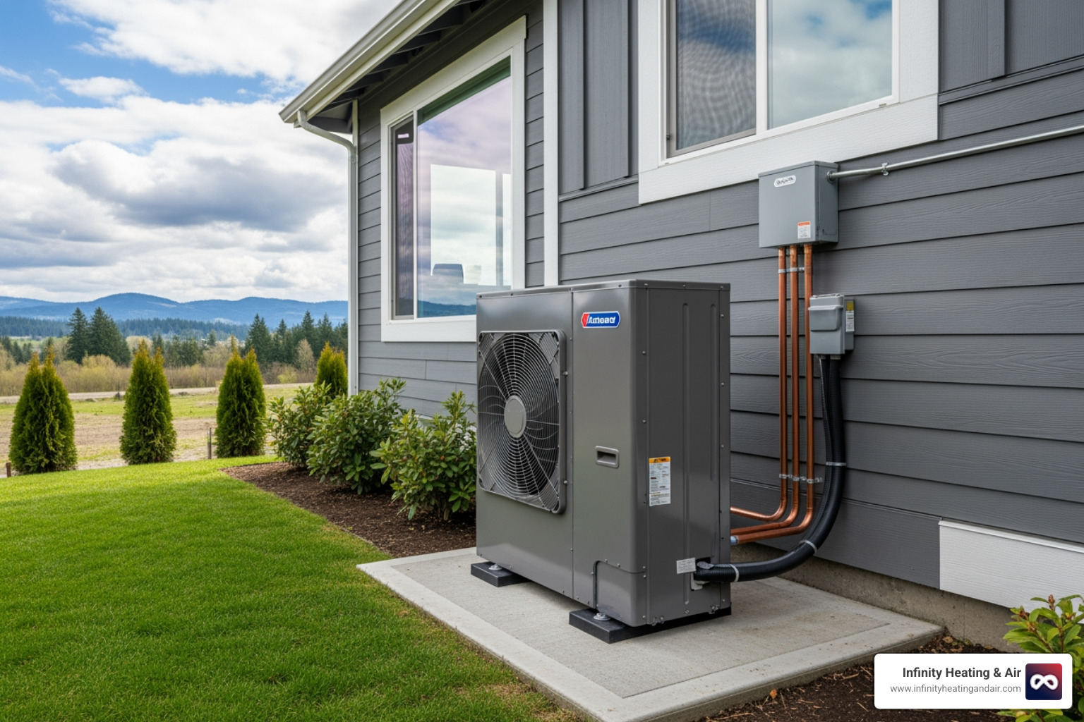 Infographic showing the heat pump installation process: home evaluation with load calculations, selecting between ducted or ductless systems based on home layout, outdoor unit installation on level pad with proper clearance, indoor component mounting and connection, refrigerant line brazing and pressure testing, electrical connections from new circuit, final system commissioning with airflow and temperature verification, and typical 1-3 day installation timeline - heat pump installation in puyallup wa