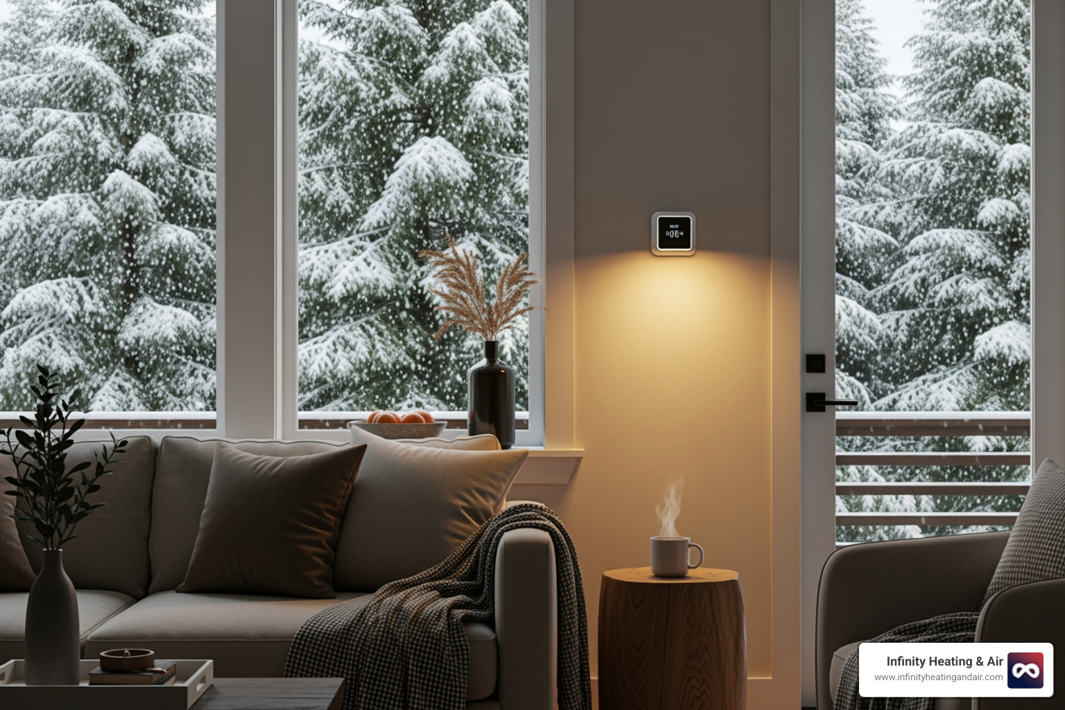 comfortable Tacoma living room in winter with modern thermostat and warm lighting - home heating replacement in tacoma, wa