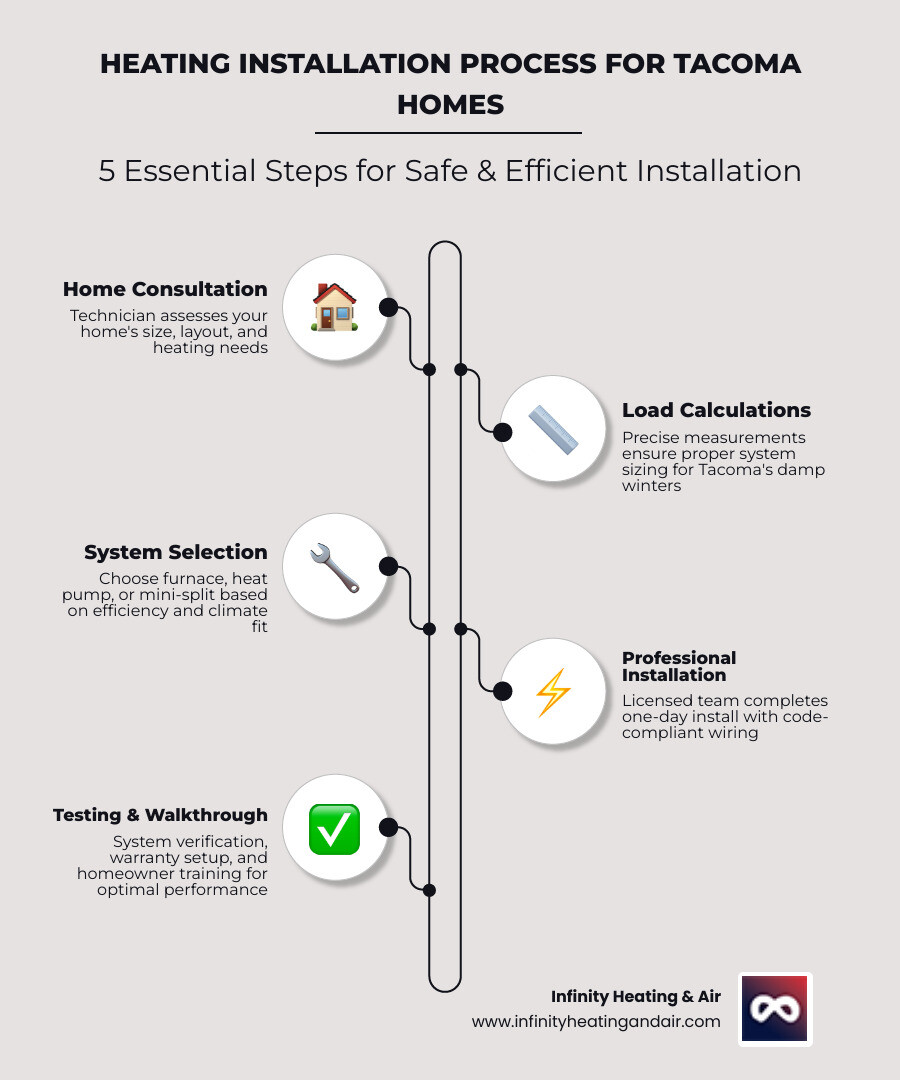 infographic showing the heating installation process from consultation through system selection, installation day, and ongoing maintenance with key decision points for Tacoma homeowners - heating installation company in tacoma, wa infographic infographic-line-5-steps-elegant_beige