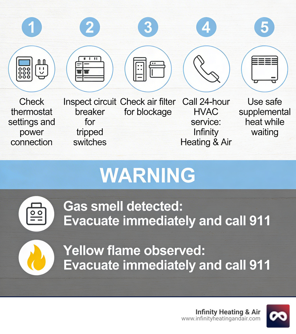 Infographic showing 5 immediate steps when your heater stops working in Federal Way WA at night: Step 1 - Check thermostat and power, Step 2 - Inspect circuit breaker, Step 3 - Check air filter for blockage, Step 4 - Call 24-hour HVAC service, Step 5 - Use safe supplemental heat while waiting; includes warning icons for gas smell and yellow flame emergencies with evacuation instructions - "My heater is not working and I'm in Federal Way, WA. Who can I call for 24-hour service? infographic 