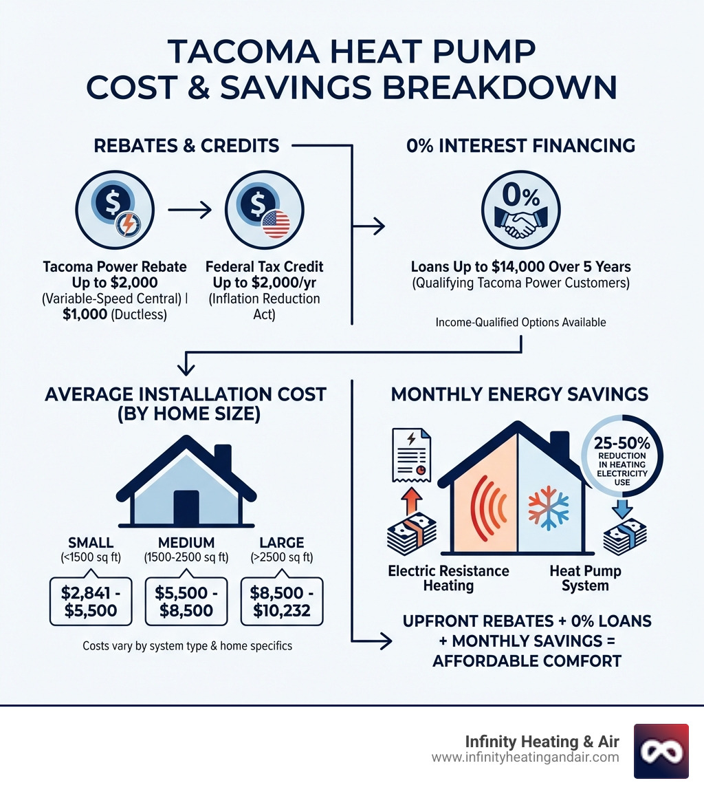 infographic showing heat pump cost breakdown with rebates and financing options for Tacoma homeowners including Tacoma Power rebates up to $2000, federal tax credits, 0% interest loans, average installation costs by home size, and projected monthly energy savings compared to electric resistance heating - affordable heat pump installation in tacoma, wa infographic infographic showing heat pump cost breakdown with rebates and financing options for Tacoma homeowners including Tacoma Power rebates up to $2000, federal tax credits, 0% interest loans, average installation costs by home size, and projected monthly energy savings compared to electric resistance heating - affordable heat pump installation in tacoma, wa infographic