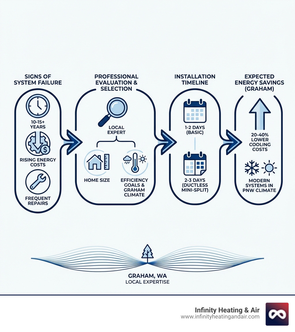 Infographic showing the heat pump replacement decision process: signs of system failure (age, efficiency, repairs) leading to professional evaluation, system selection based on home size and efficiency goals, installation timeline, and expected energy savings with modern equipment in Graham's climate - heat pump replacement near me in graham, wa infographic 