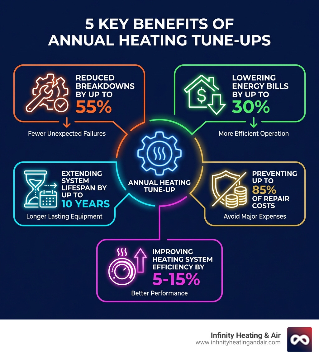 Infographic detailing 5 key benefits of annual heating tune-ups, including reduced breakdowns by up to 55%, lowering energy bills by up to 30%, extending system lifespan by up to 10 years, preventing up to 85% of repair costs, and improving heating system efficiency by 5-15% - heating maintenance in tacoma wa infographic 