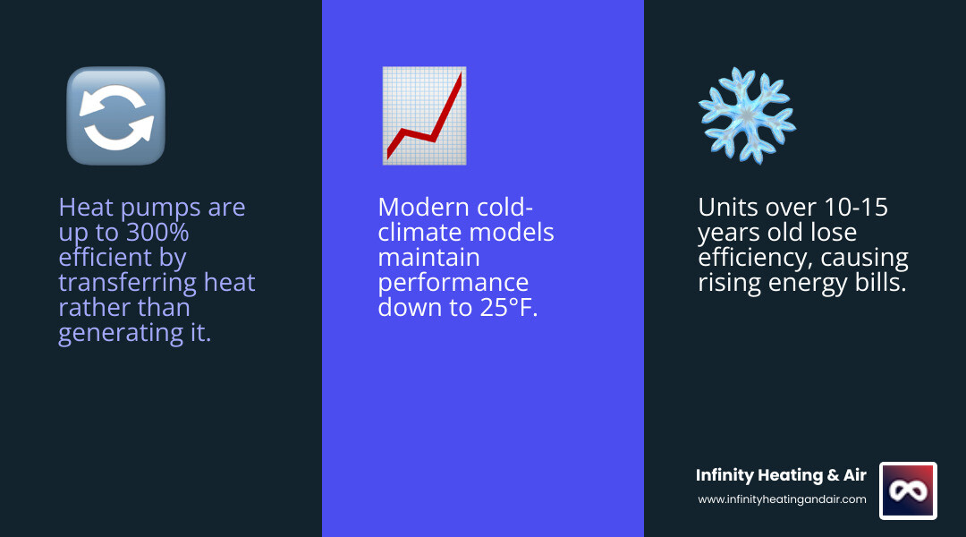 infographic showing heat pump replacement decision factors including system age over 10-15 years, frequent repairs, rising energy bills, temperature inconsistency, and unusual noises, plus benefits of new systems including 300% efficiency, lower bills, improved comfort, and available rebates up to $2000 - residential heat pump replacement in puyallup, wa infographic 3_facts_emoji_blue