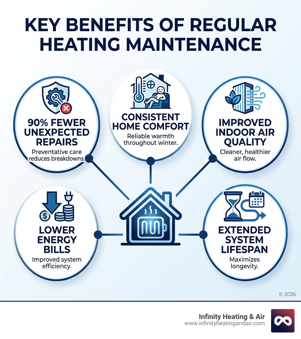 Infographic showing the key benefits of regular heating maintenance: 90% fewer unexpected repairs, lower energy bills through improved efficiency, extended system lifespan, improved indoor air quality, and consistent home comfort throughout winter - best heating maintenance in puyallup, wa infographic 
