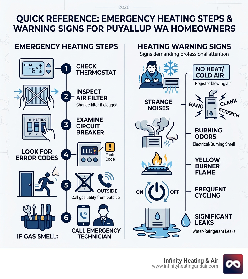 Quick reference infographic: emergency heating steps and warning signs for Puyallup WA homeowners - emergency heating