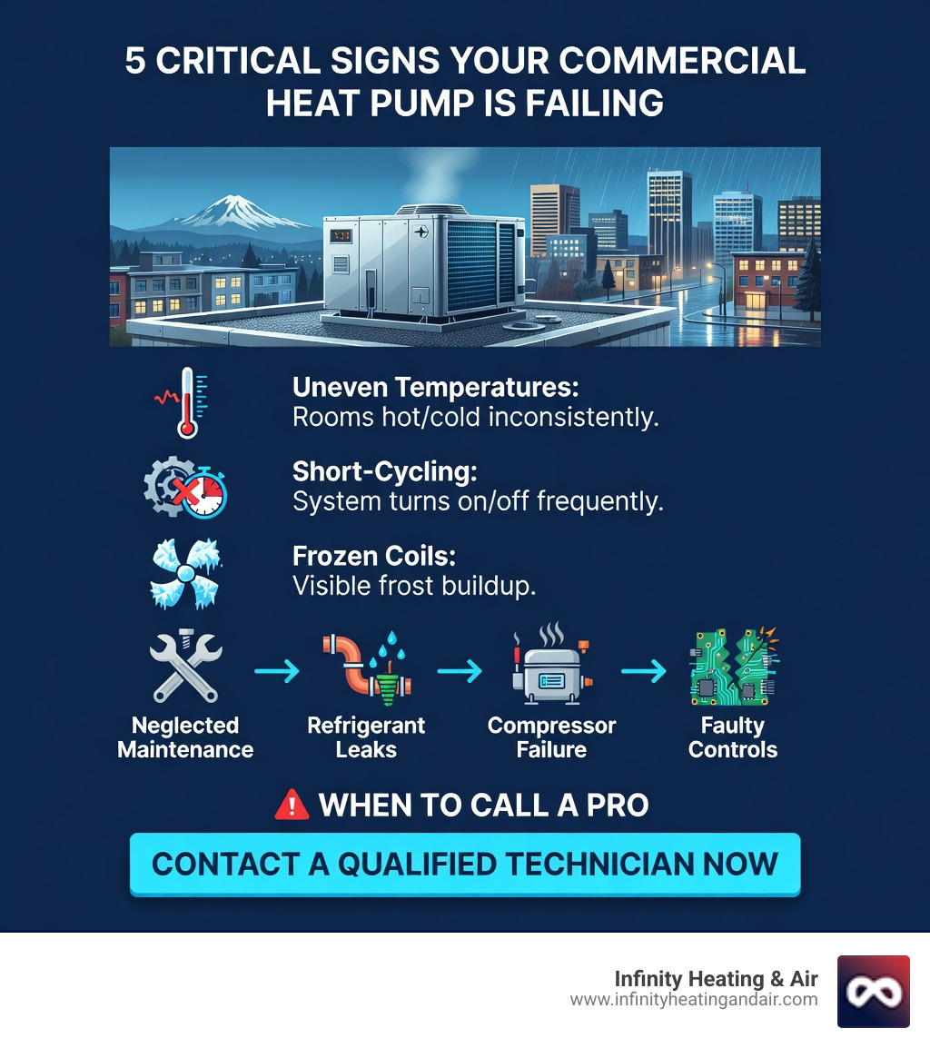 Infographic showing top signs a commercial heat pump needs repair, common causes, and when to call a pro - commercial heat Infographic showing top signs a commercial heat pump needs repair, common causes, and when to call a pro - commercial heat