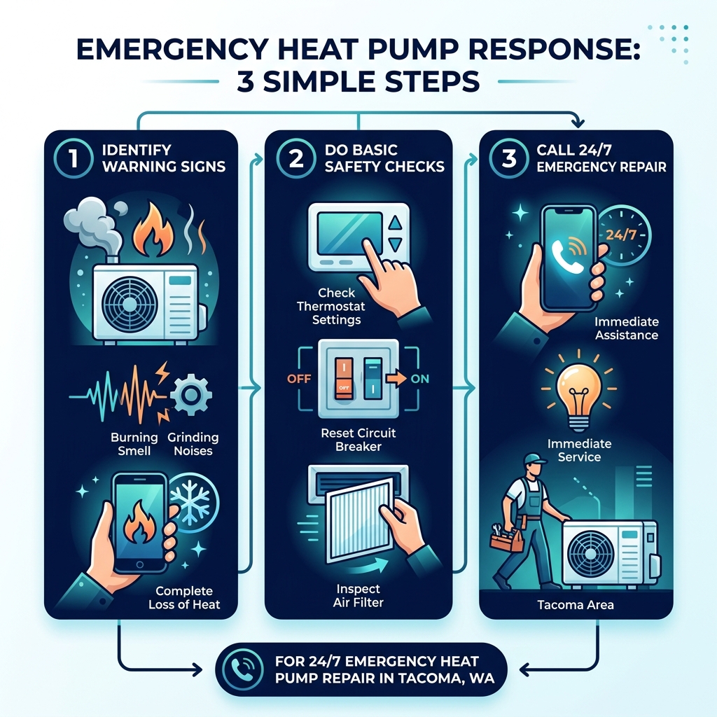 Infographic showing 3-step emergency heat pump response: 1) Identify warning signs, 2) Do basic safety checks, 3) Call 24/7