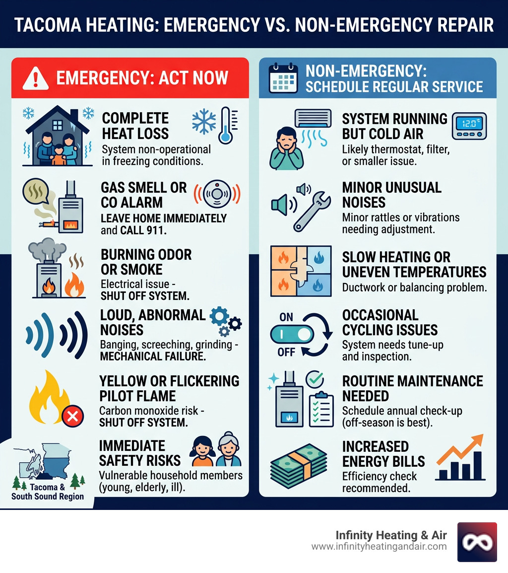 infographic showing emergency vs. non-emergency heating repair scenarios in Tacoma WA - emergency heating repair in tacoma