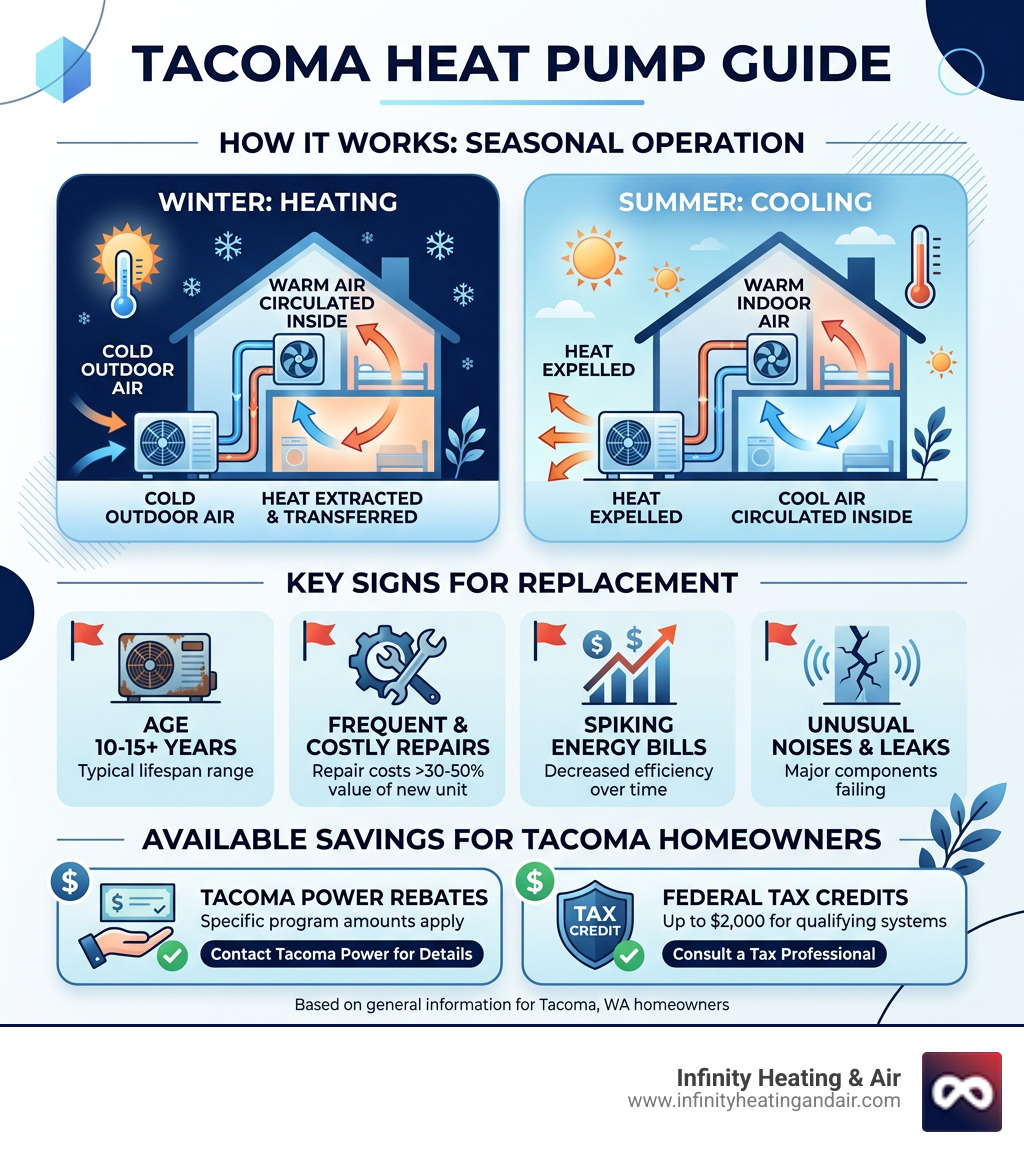 Infographic showing how heat pumps transfer heat in winter and summer, key replacement signs, and available savings for