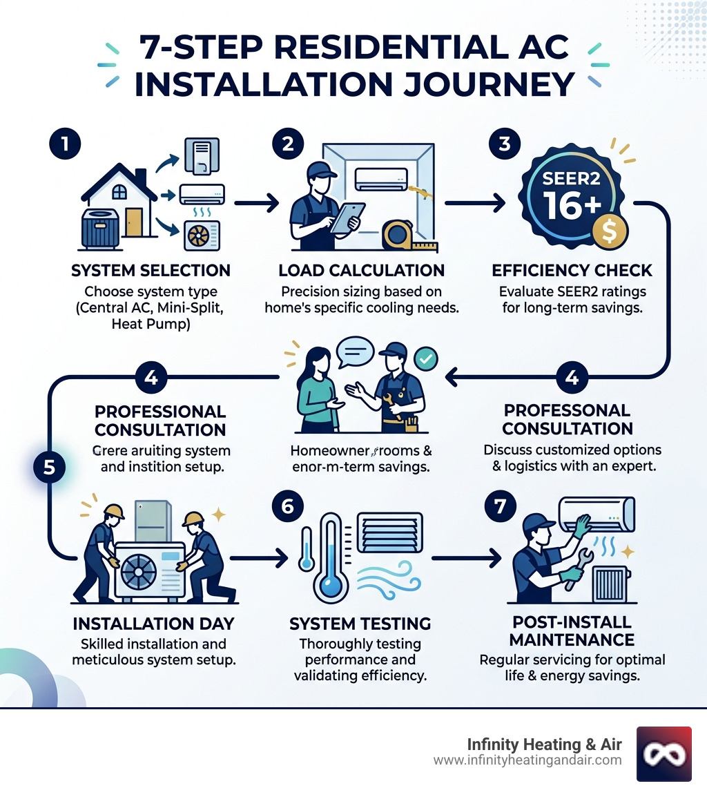 Infographic showing the 7-step residential AC installation journey from system selection to post-install maintenance - ac Infographic showing the 7-step residential AC installation journey from system selection to post-install maintenance - ac