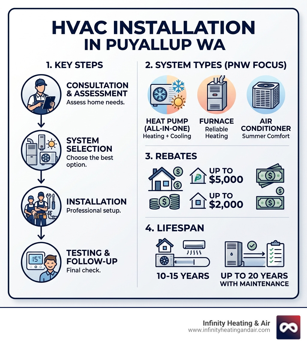 Infographic showing key steps and benefits of HVAC installation in Puyallup WA including system types, rebates, and lifespan Infographic showing key steps and benefits of HVAC installation in Puyallup WA including system types, rebates, and lifespan